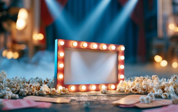 Vintage lighted marquee frame with popcorn and blurred theater background stage