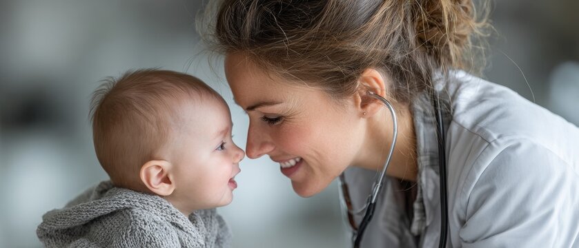 A smiling female doctor with a stethoscope gently touches noses with an infant, creating a warm connection against a soft.