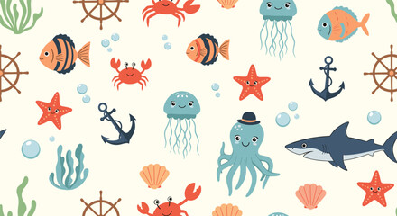 Obraz premium Seamless pattern of cute sea creatures and nautical elements including fish, crabs, starfish, octopuses, jellyfish, and anchors.