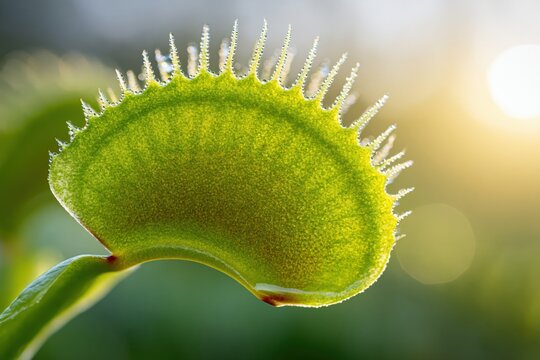 Macro shot of a vibrant green Venus flytrap leaf with dew drops and soft sunlight in the background.