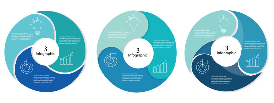 Circle Venn diagram infographic icon set. Venn diagram infographic chart template for business 3 parts, options, with venn diagram elements vector illustration. 