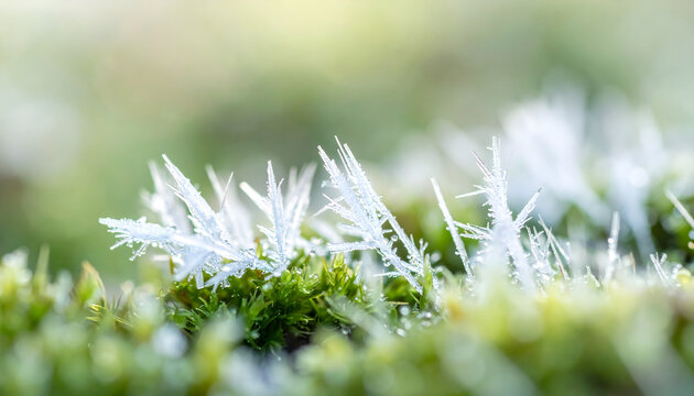 Hoarfrost on green moss sparkling with intricate white crystal spikes showing magical woodland mood generative AI