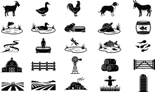 Set of black farm animal icons and rural nature elements for agriculture design including livestock crops barn windmill and pond graphics for rustic farming project layouts
