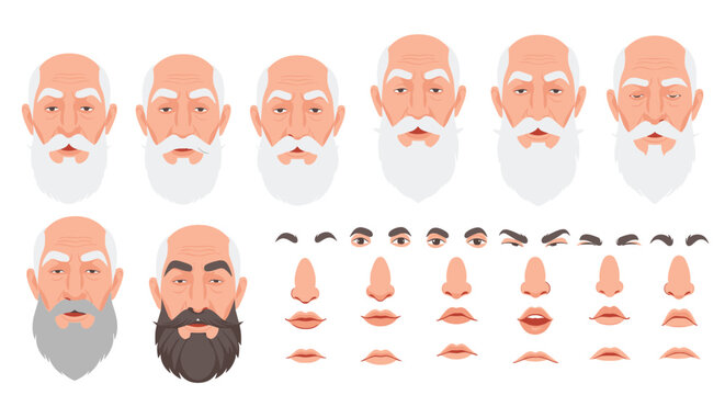 Elderly man character constructor set with various facial expressions, eyes, noses, mouths, and grey beards.