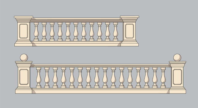 Classical architectural balustrades with elegant columns and decorative stone railings shown on a grey background.