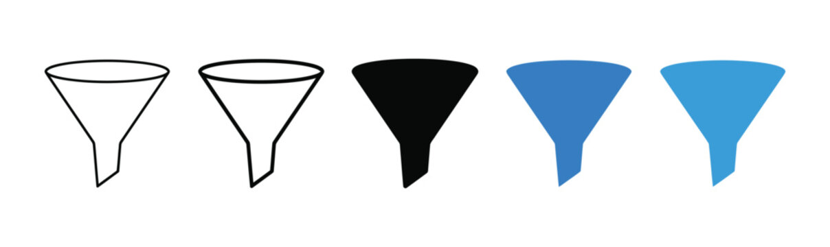 Set of data funnel and filter icons in multiple styles