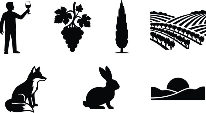 Set of black silhouette icons featuring a wine taster grapes cypress tree vineyard landscape fox rabbit and sunset for country lifestyle and nature graphic design projects