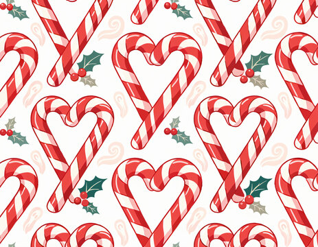 Pixel Art Seamless Pattern Of Candy Cane Hearts With Green Holly Leaves And Berries On White Background