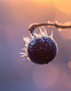 Frost forming feather patterns on dark berry glittering with crystals in festive winter mood generative AI