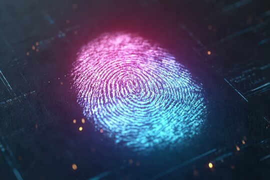 Futuristic digital fingerprint scan with neon blue and pink lighting, representing identity verification and cybersecurity.