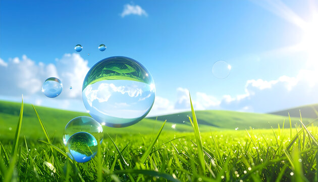 Glassy blue orbs and soft bubbles drifting above calm grassy meadow showing cheerful nostalgic tech mood generative AI