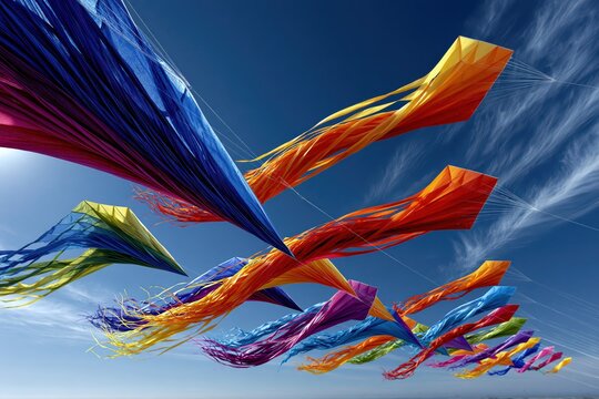 Vibrant, colorful kites dance in the bright blue sky with wispy clouds, a festive celebration.