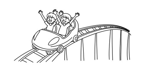 Continuous one line drawing Happy people riding a fast roller coaster at an amusement park © SHANTO