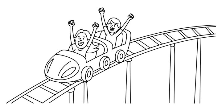 Continuous one line drawing Happy people riding a fast roller coaster at an amusement park