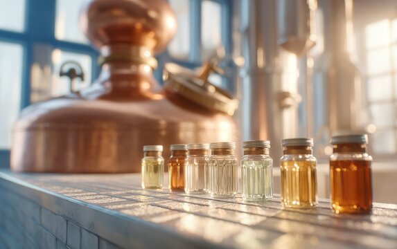 Row of small glass bottles with different liquid colors on marble surface in distillery