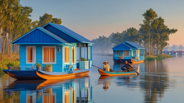 Traditional floating house with boat and people on calm river at sunrise