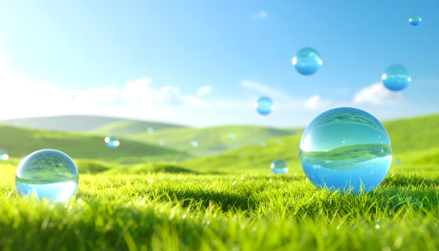 Glassy blue orbs and soft bubbles drifting above calm grassy meadow showing cheerful nostalgic tech mood generative AI