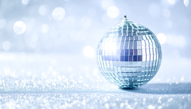 Sparkling disco ball throwing light dots over metallic silver background creating nostalgic party mood generative AI