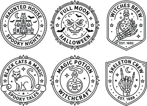 Halloween logo badge vector set, vintage spooky haunted house, full moon, magic potion bottle, black cat, skeleton crew emblem design