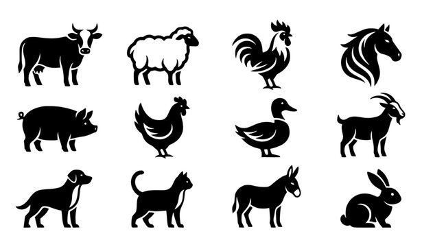 Modern abstract generic farmyard animal symbol vector clipart set with minimalist clean outline unbranded agriculture brand cow sheep rooster monogram and cosmic livestock logo graphics black and whit