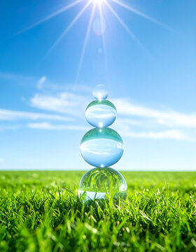 Transparent bubbles rising over green grass toward blue sky creating fresh clean tech mood generative AI
