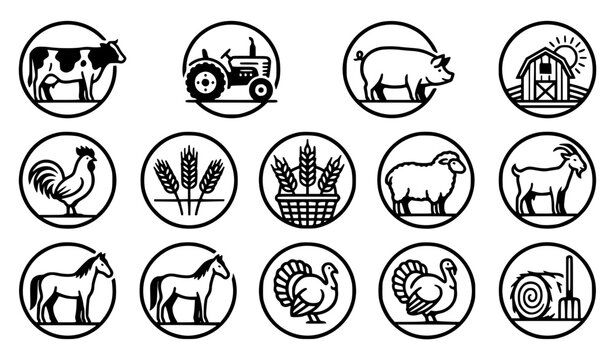 Clean line art generic farmyard animal emblem vector set with classic bold agriculture badge retro cow unbranded sheep rooster studio and sweet livestock graphics for apparel