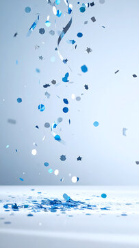 Falling silver and blue confetti with motion blur and glitter creating energetic millennium mood generative AI