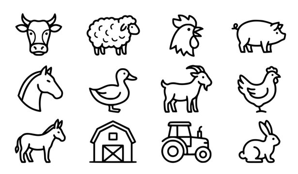 Generic farmyard animals vector icon set with simple bold line art classic complete unbranded cow sheep rooster agriculture livestock clip art black and white