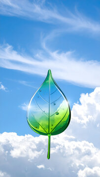 Shiny glass leaf with dewy reflections over cloudy sky creating optimistic eco tech mood generative AI
