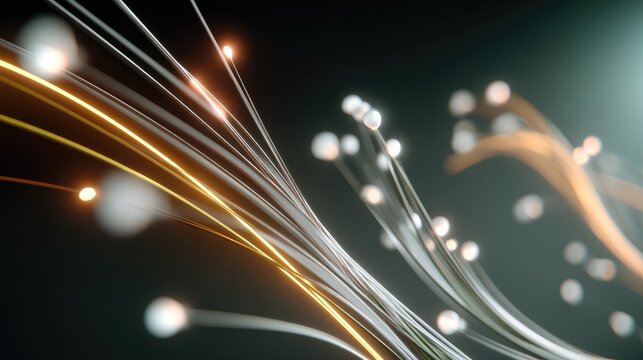 Fiber Optic Strands: Abstract representation of glowing fiber optic strands, conveying the essence of data transmission, speed, and modern technology with a dark background and subtle bokeh effects.