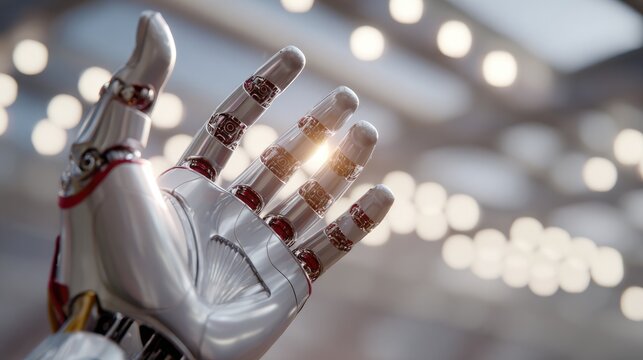 Robot Hand Reaching Out: A gleaming metallic robot hand with intricate finger joints extends forward, a subtle light glowing from its fingertips.