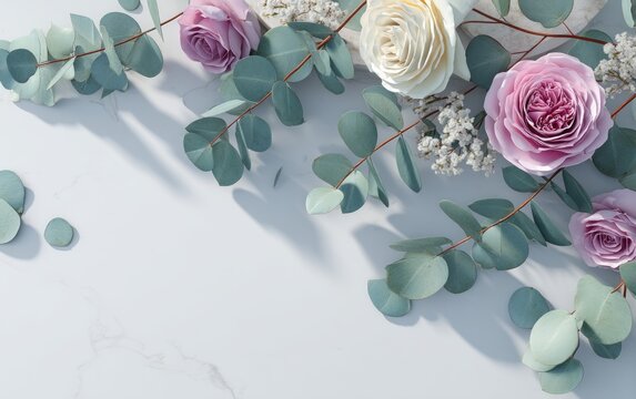 Delicate rose and eucalyptus leaf arrangement on white marble background