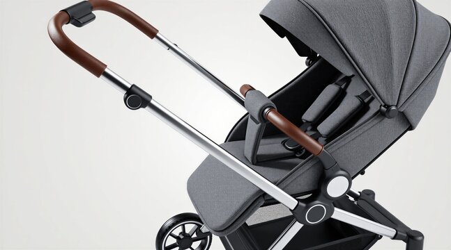 Modern grey baby stroller isolated on white background. Folding pushchair with brown leather handle, metal frame design. Comfortable infant carriage for urban travel, newborn transport. Compact