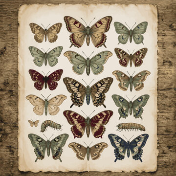 Created on hand drawn silhouette Original antique chromolithograph of butterflies, moths and caterpillars symbol Illustrations vector art on white background