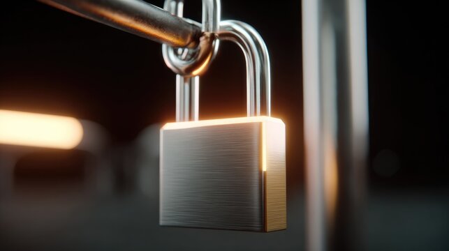Secure Padlock on Chain: A close-up shot of a metallic padlock securely fastened to a metal chain, symbolizing protection and safety. The background is softly blurred.