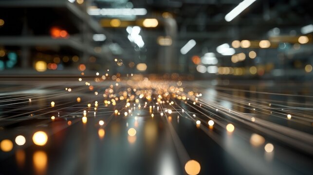 Sparks Fly in the Factory: A dynamic close-up captures the energy of a manufacturing facility with bright sparks flying across a blurred industrial background, conveying motion and power.