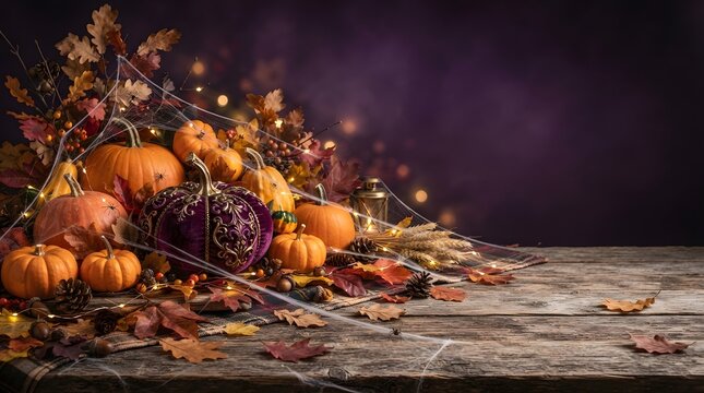 Festive thanksgiving background with pumpkins and autumn leaves holiday scene