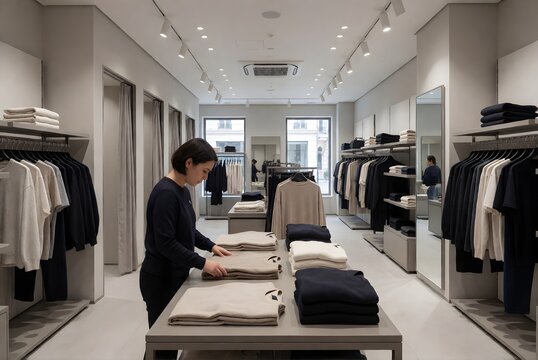Clothing Store Staff Arranging Plain Apparel