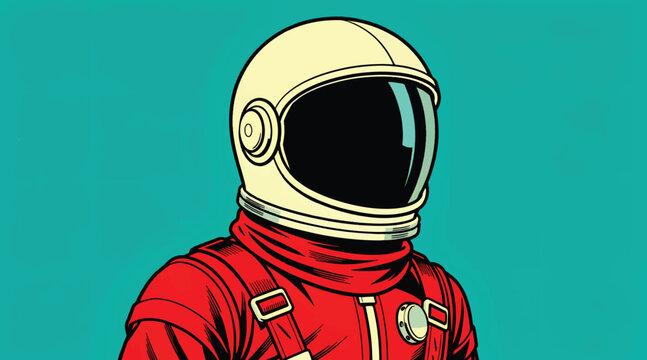 Retro style astronaut in a red spacesuit and white helmet with a reflective visor, isolated on a teal background