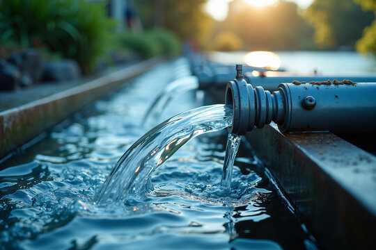 Close up of clean fresh water flowing from blue metal pipe into outdoor irrigation channel during bright natural sunset with blurred background