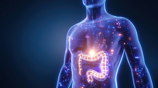 Detailed medical 3D illustration of colorectal cancer development inside human large intestine, showing malignant tumor growth, intestinal wall lesions, polyp deterioration, digestive system pathology