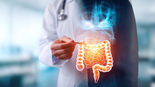 Detailed medical 3D illustration of colorectal cancer development inside human large intestine, showing malignant tumor growth, intestinal wall lesions, polyp deterioration, digestive system pathology