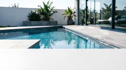 Obraz premium Modern Swimming Pool with Glass House and Tropical Plants for Luxury Lifestyle