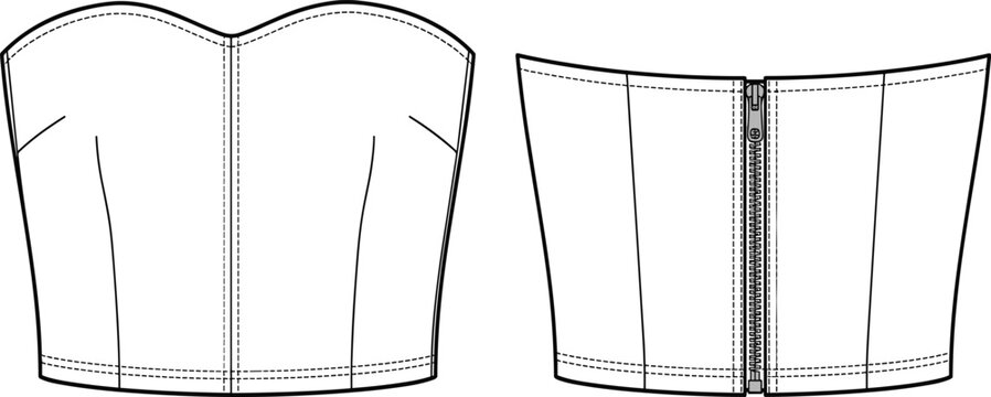 Women strapless corset crop top flat sketch technical drawing vector apparel fashion design template