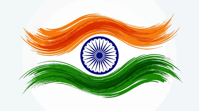 Indian flag brush stroke vector, artistic tricolor national flag of India with Ashoka Chakra, saffron and green paint splash background