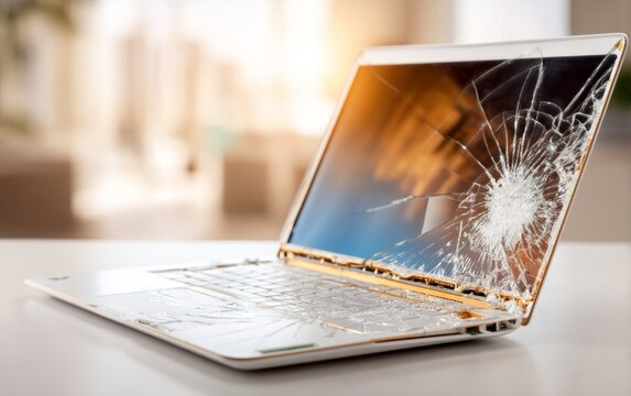 Damaged laptop with cracked screen and keyboard in bright modern workspace