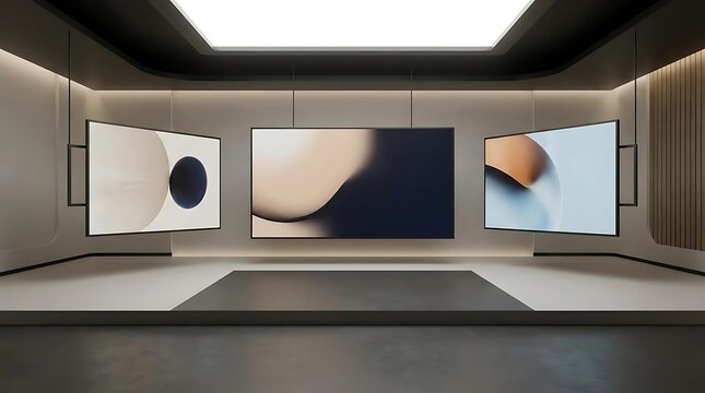 A modern virtual television set design featuring three large floating display screens with abstract minimalist digital art in a sleek contemporary studio