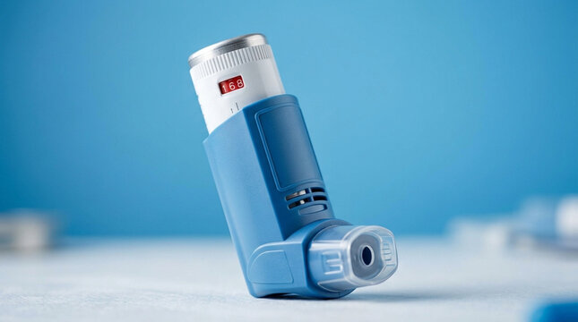 Blue Asthma Inhaler with Counter on Blue Background