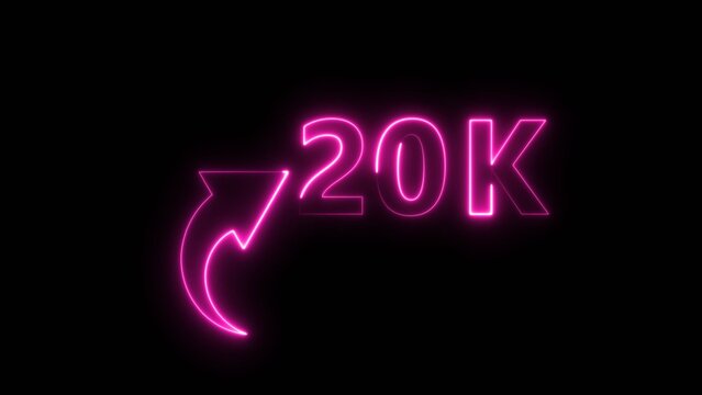 Neon pink glowing 20k milestone notification sign with directional arrow on dark backdrop.