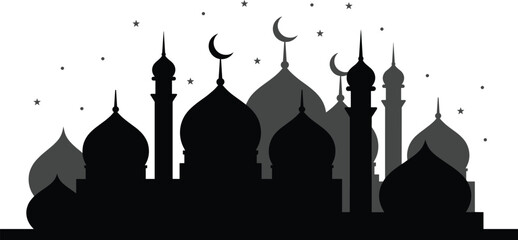 Islamic mosque silhouette vector with crescents and stars for Ramadan Mubarak and Eid Mubarak celebration isolated on white background © Yesrath Hasan Sobuj